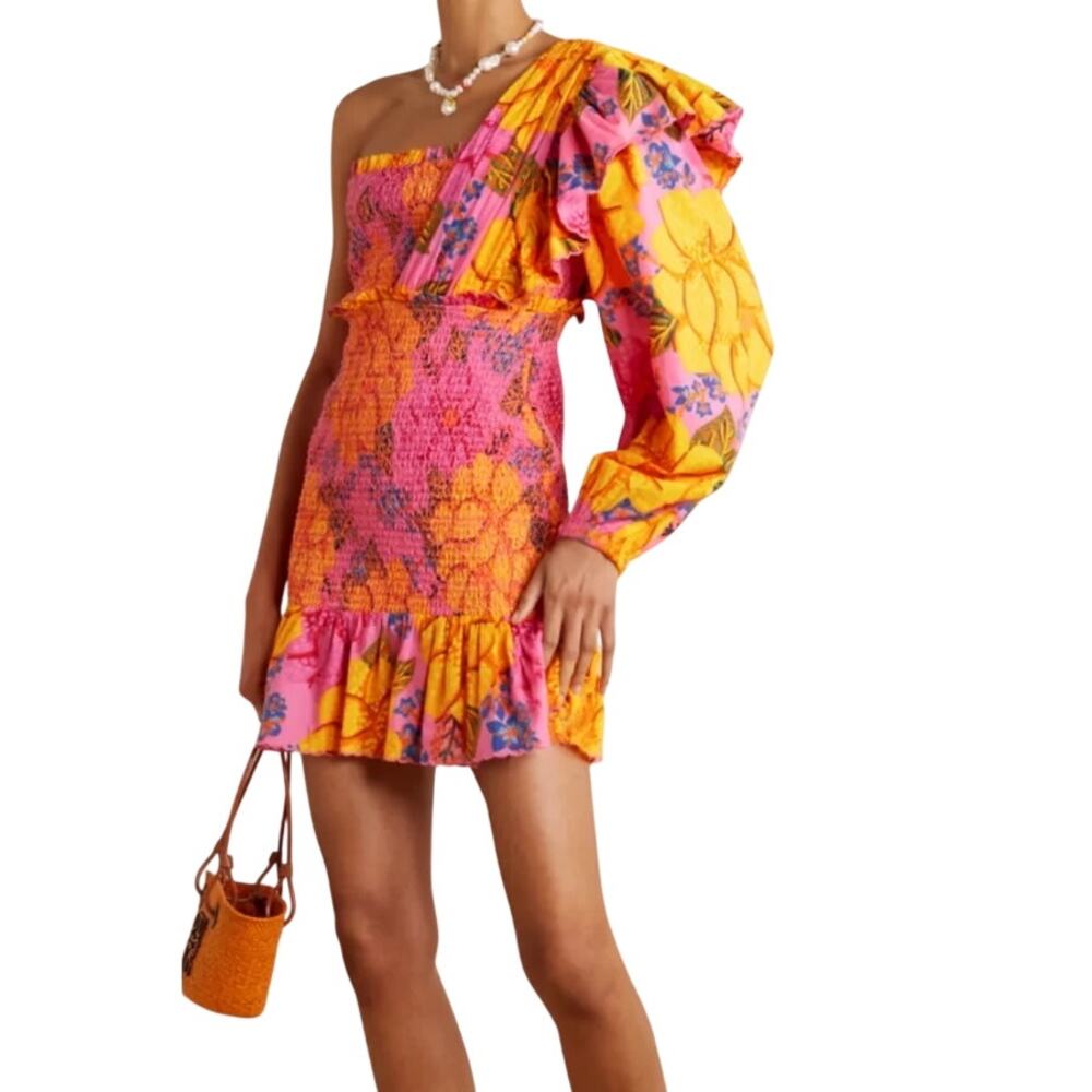 Farm Rio Flowers Garden Dress One Shoulder Mini Smocked Pink Orange Floral M